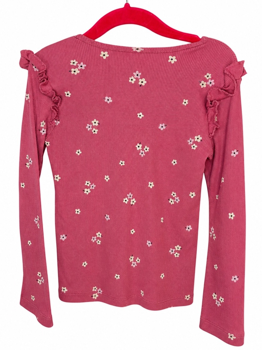 PEKKLE Girls Floral Ribbed Long Sleeve Ruffle Top Pink Size 6